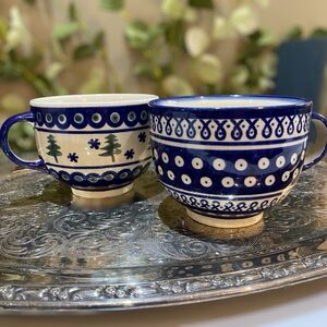 Vintage Boleslawiec Poland Set 2 Polish Oversized Mugs Cups Coffee Blue Green
